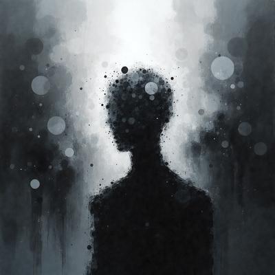 The primary subject of the image is a person, likely a woman, with a black silhouette. The setting is a dark room with a bright light source, creating a contrast between the person and the background. The visual style is a black and white drawing, giving the image a classic and timeless appearance. The colors and mood are predominantly dark, with the bright light source creating a sense of depth and contrast.